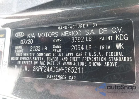 2021 Kia Forte Lxs z USA, uszkodzony, nr VIN 3KPF24AD6ME265211